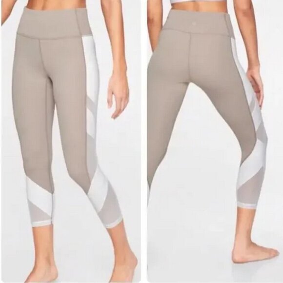 Athleta Exhale Mesh Capri Leggings Beige & White Colorblock NWT Small - Picture 1 of 7